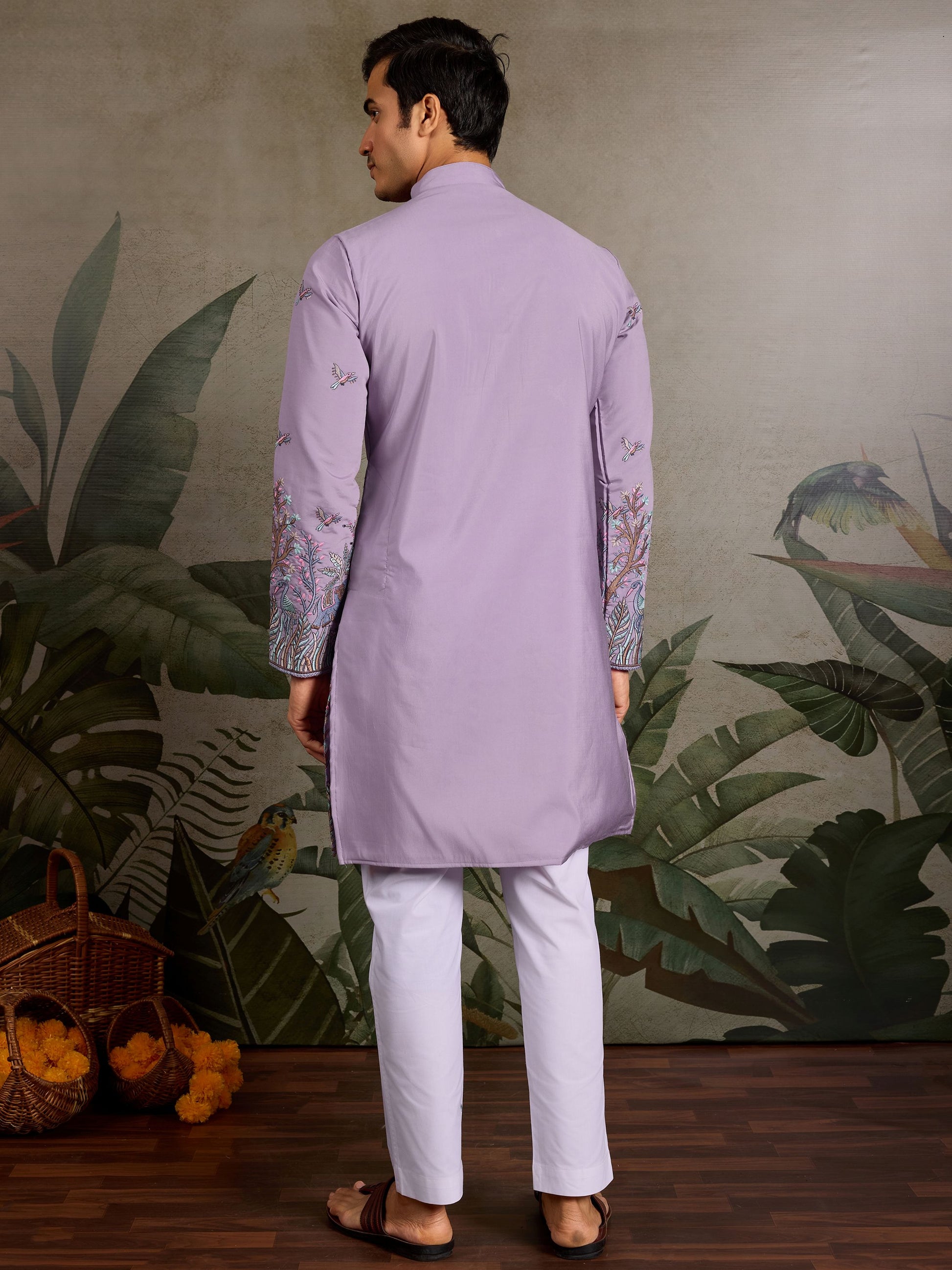 Elegant Lavender Thread Work Viscose Silk Festive Wear Men Kurta