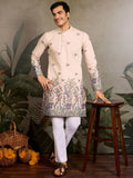Amazing Beige Thread Work Viscose Silk Festive Wear Men Kurta