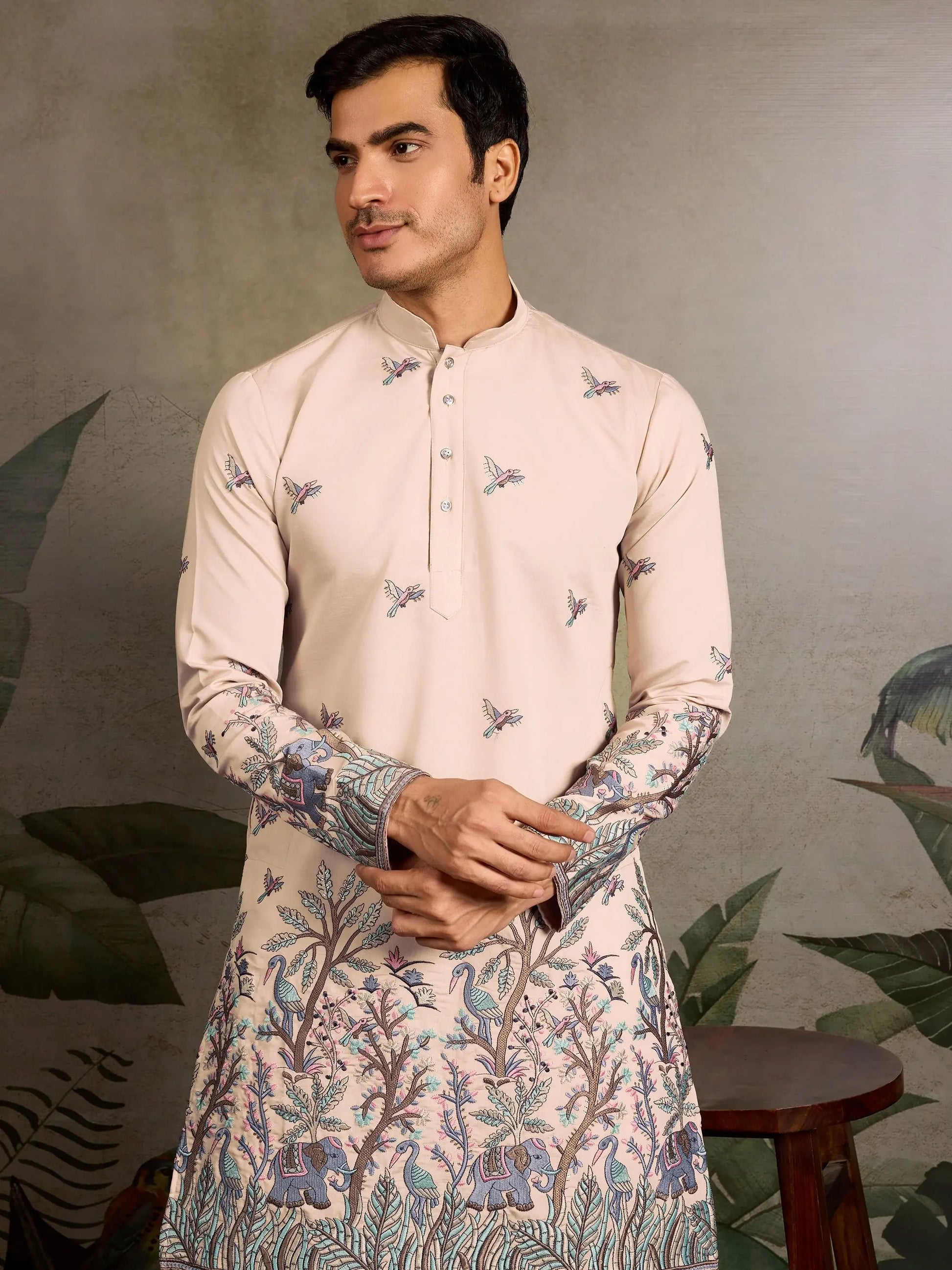 Amazing Beige Thread Work Viscose Silk Festive Wear Men Kurta