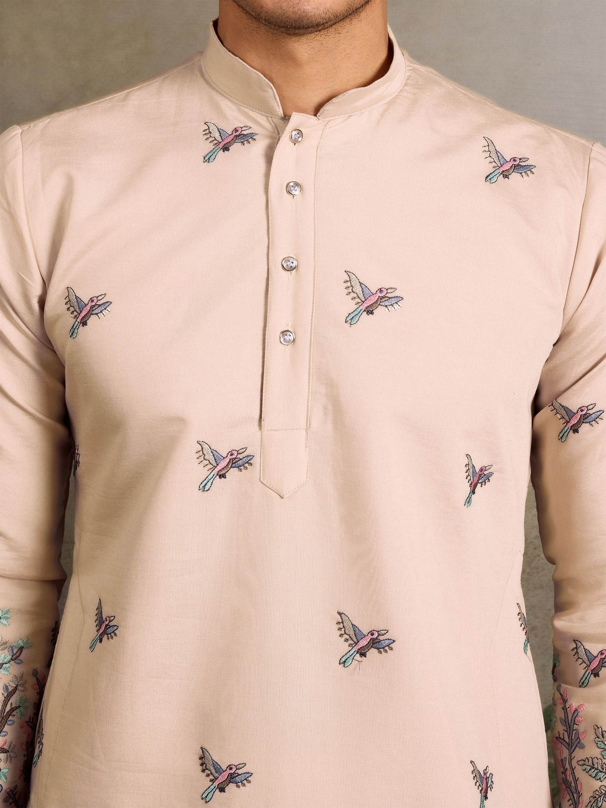 Amazing Beige Thread Work Viscose Silk Festive Wear Men Kurta