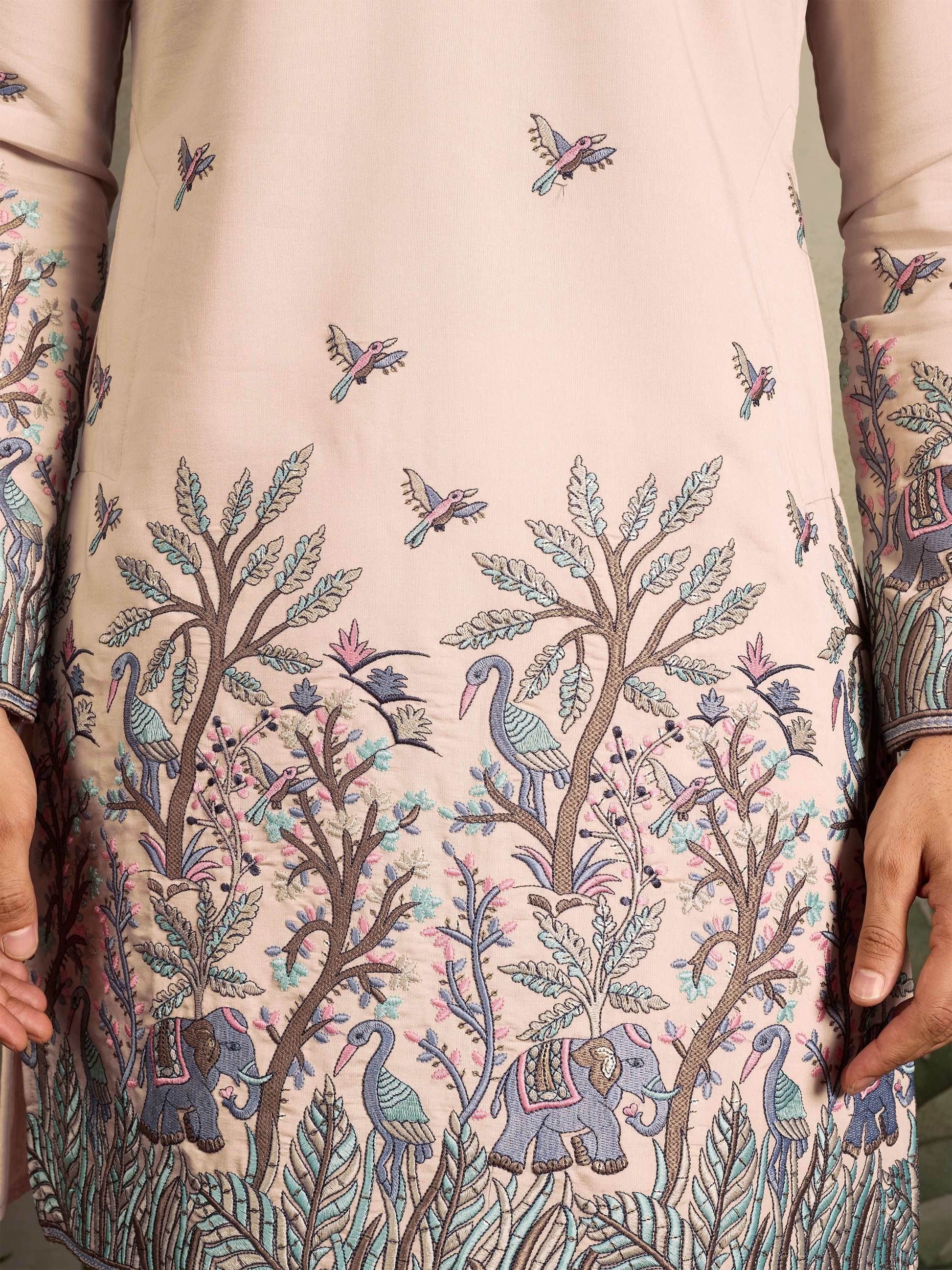 Amazing Beige Thread Work Viscose Silk Festive Wear Men Kurta