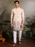 Amazing Beige Thread Work Viscose Silk Festive Wear Men Kurta