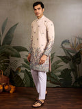Amazing Beige Thread Work Viscose Silk Festive Wear Men Kurta