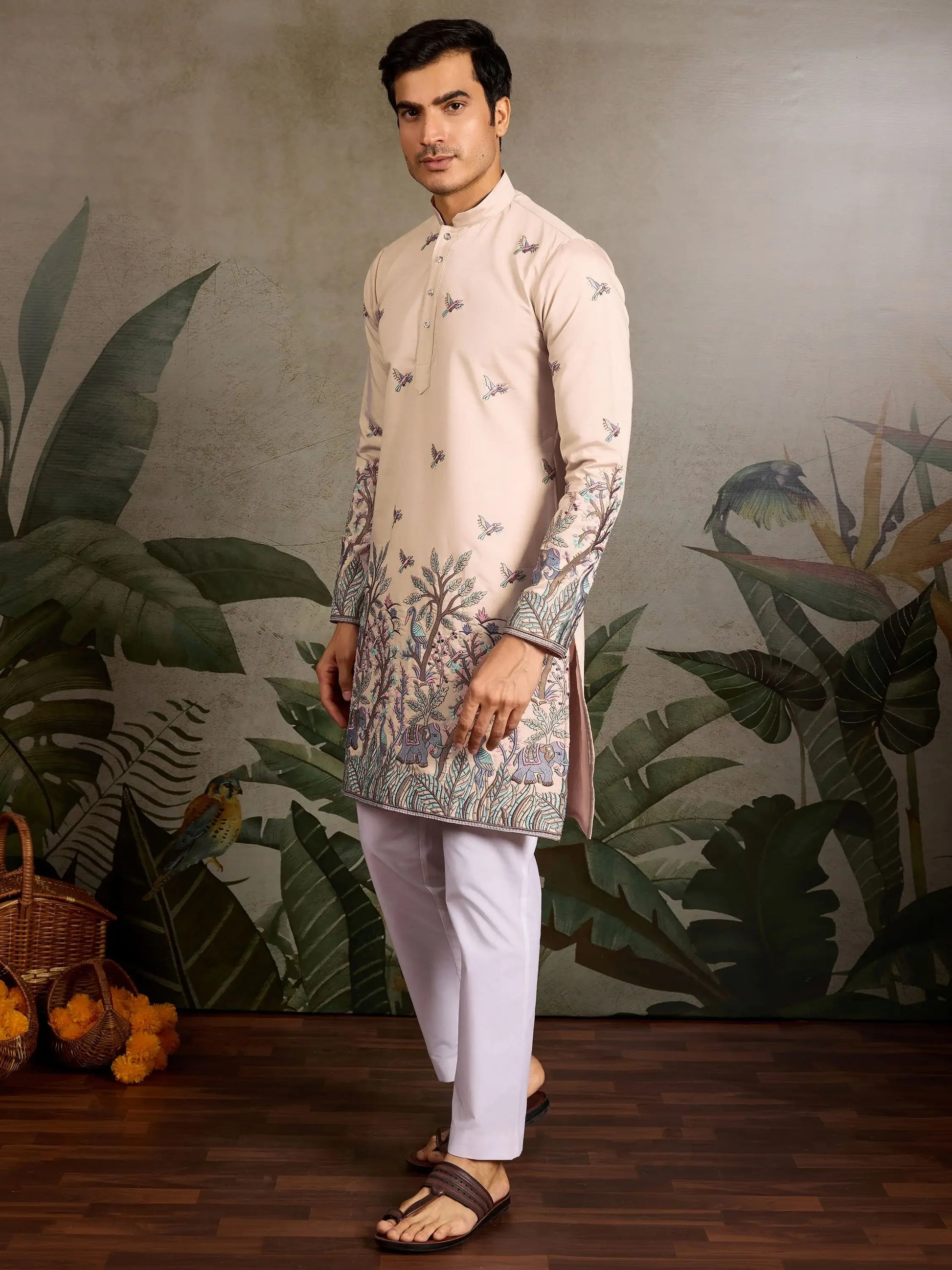 Amazing Beige Thread Work Viscose Silk Festive Wear Men Kurta