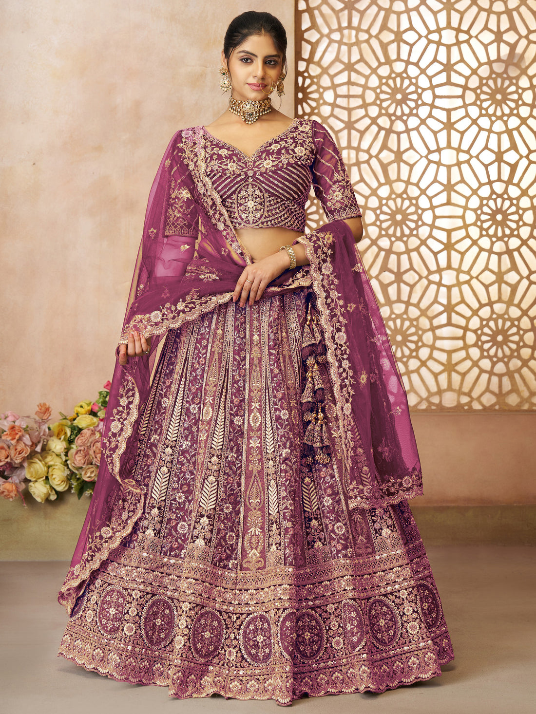 Enchanting Wine Thread Work Net Engagement Wear Lehenga Choli