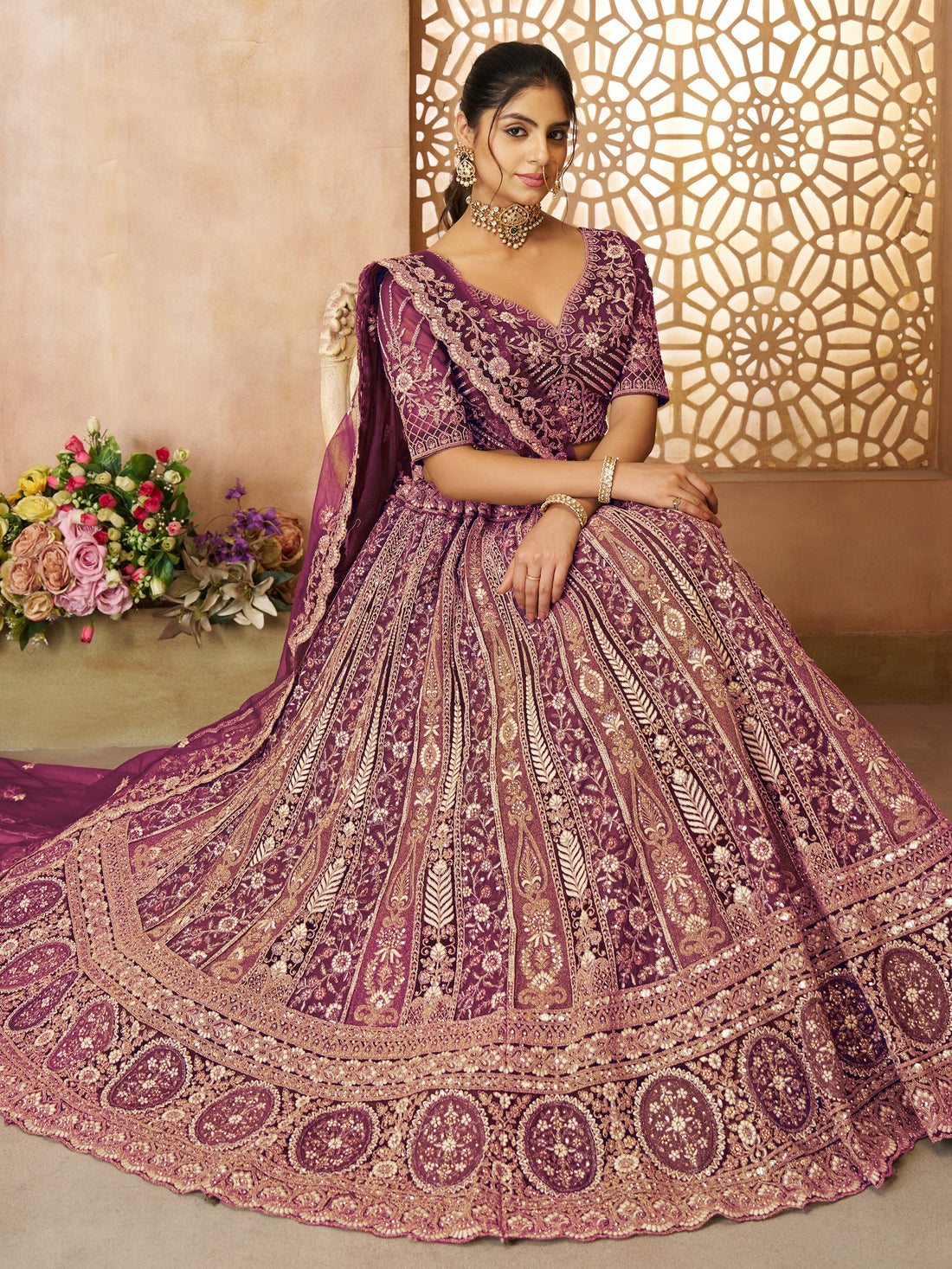 Enchanting Wine Thread Work Net Engagement Wear Lehenga Choli