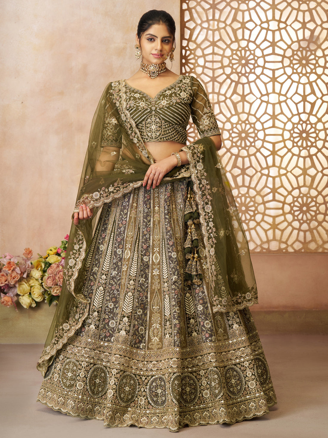 Charming Olive Green Thread Work Net Bridesmaid Lehenga Choli