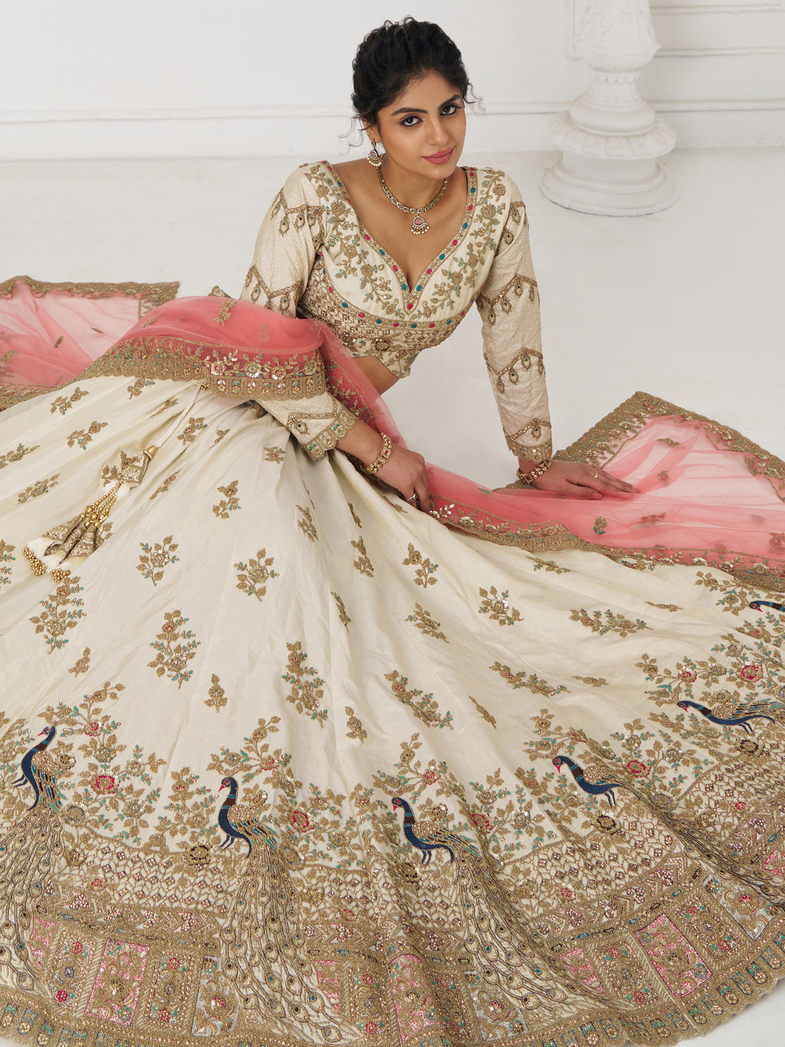 Mesmerizing Off-White Zari Embroidered Silk Lehenga Choli With Dupatta