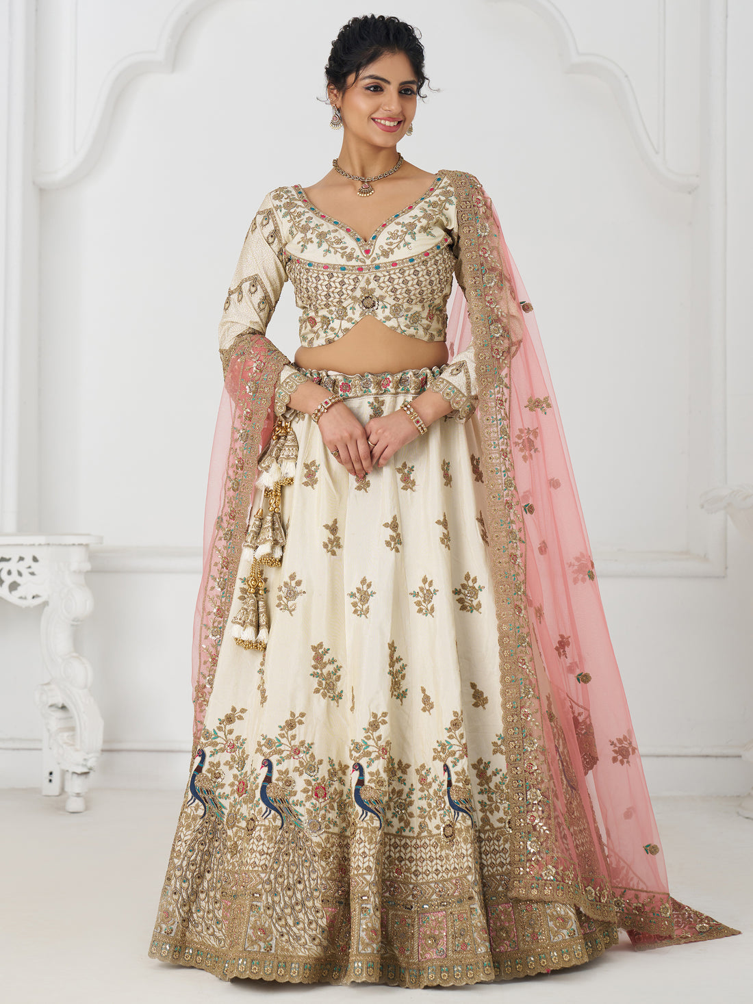 Mesmerizing Off-White Zari Embroidered Silk Lehenga Choli With Dupatta