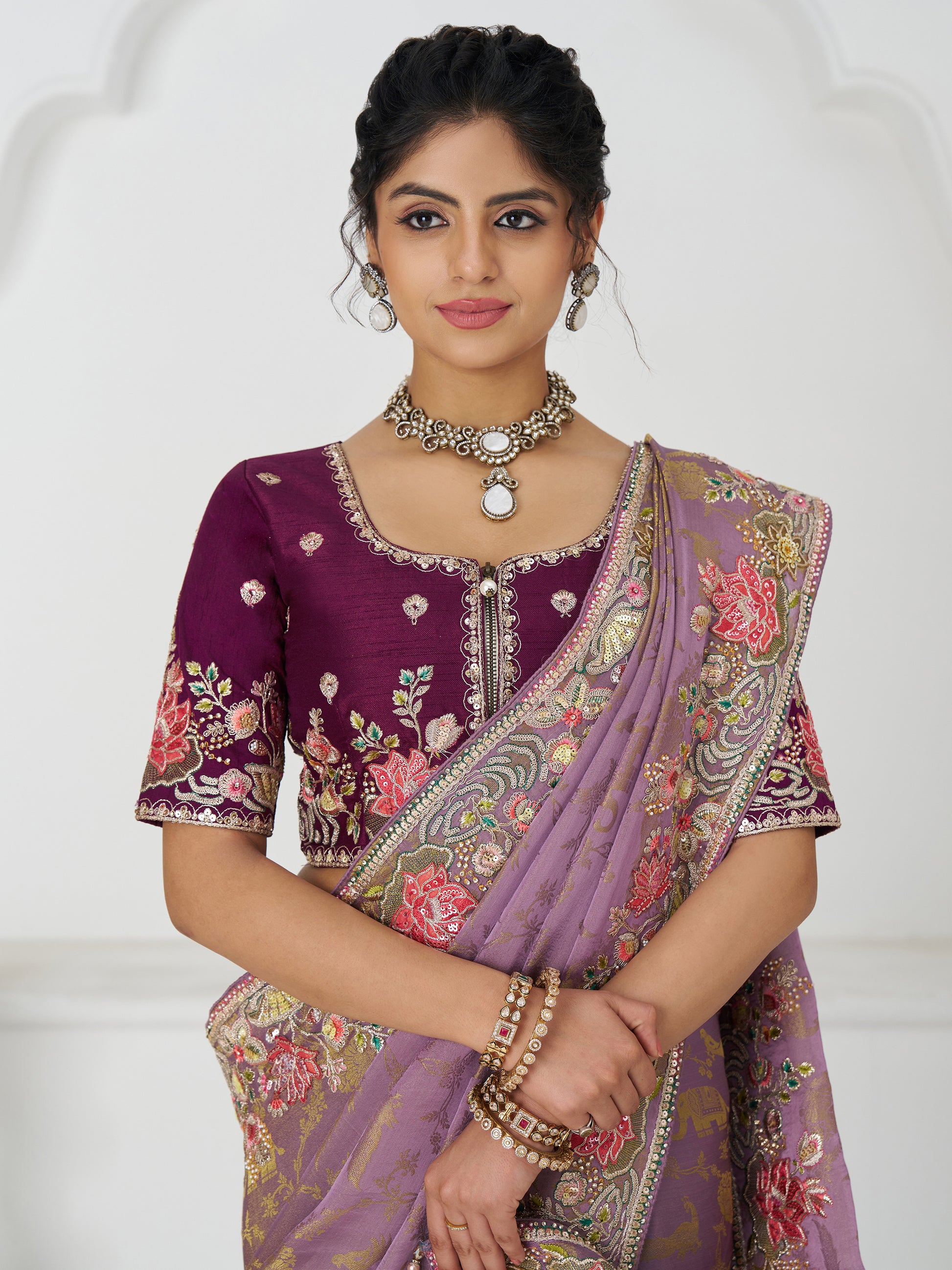 Fascinating Mauve Beads Work Dola Silk Engagement Wear Saree