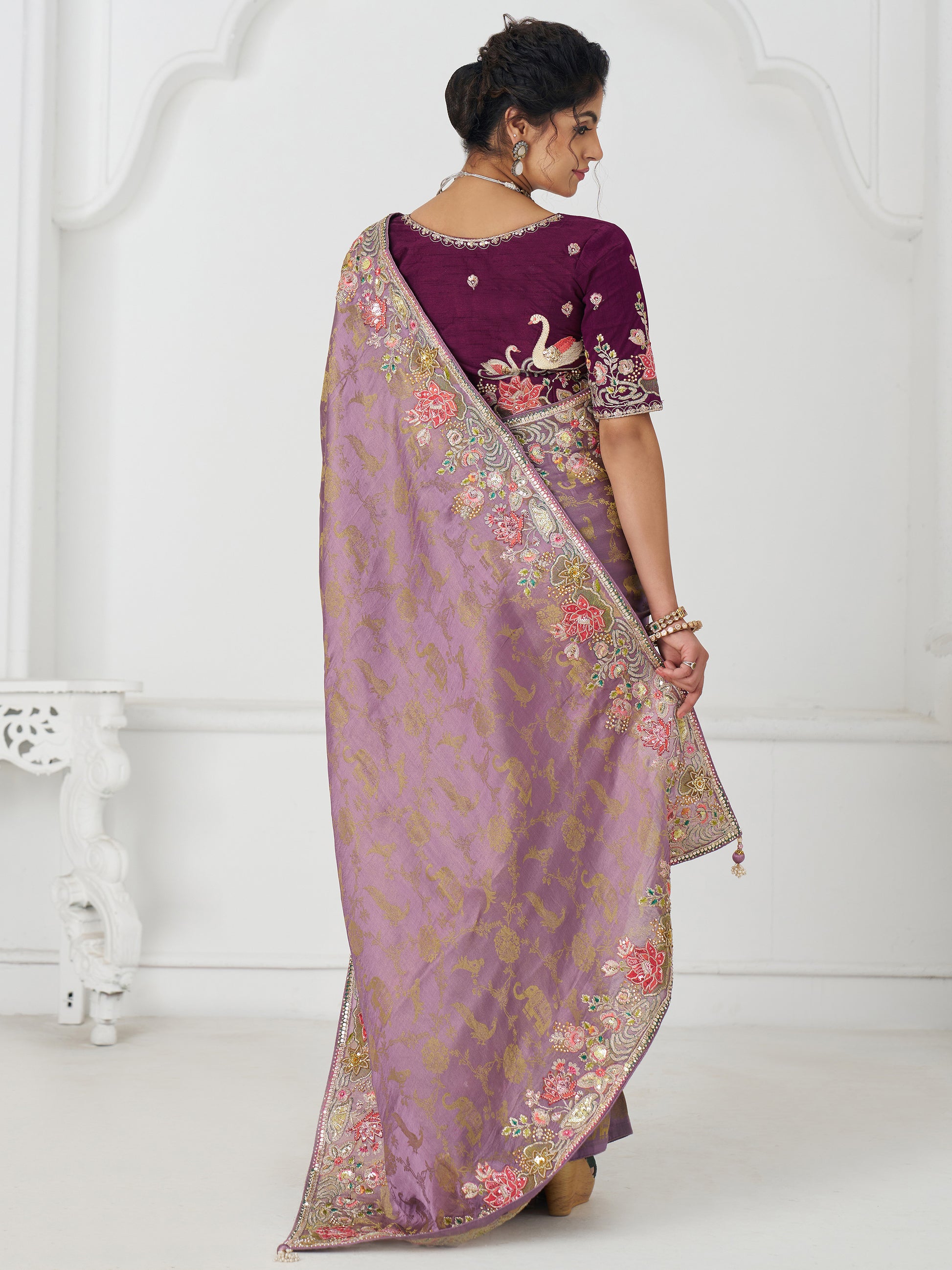 Fascinating Mauve Beads Work Dola Silk Engagement Wear Saree