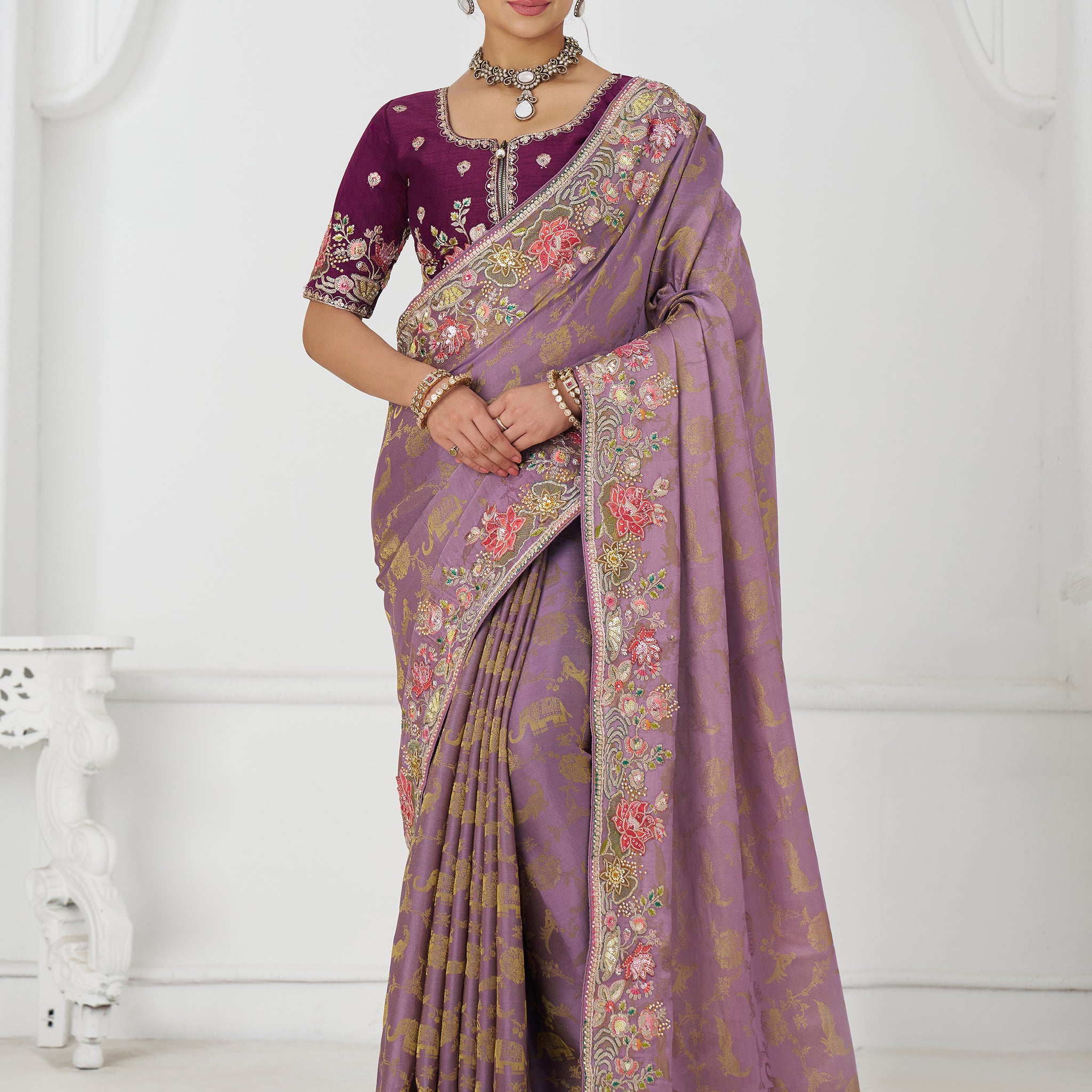 Fascinating Mauve Beads Work Dola Silk Engagement Wear Saree
