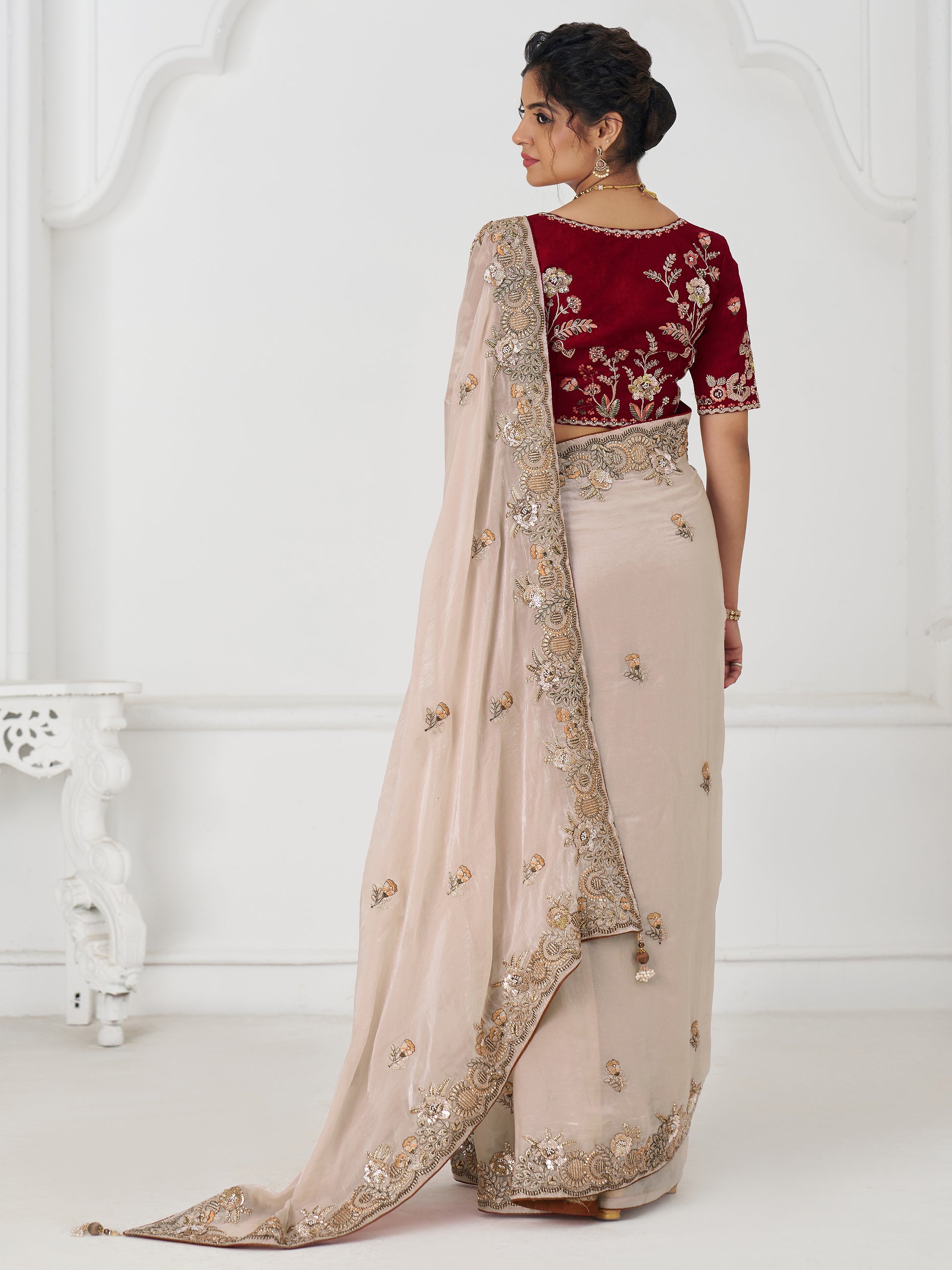 Incredible Beige Thread Work Silk Engagement Wear Saree With Blouse