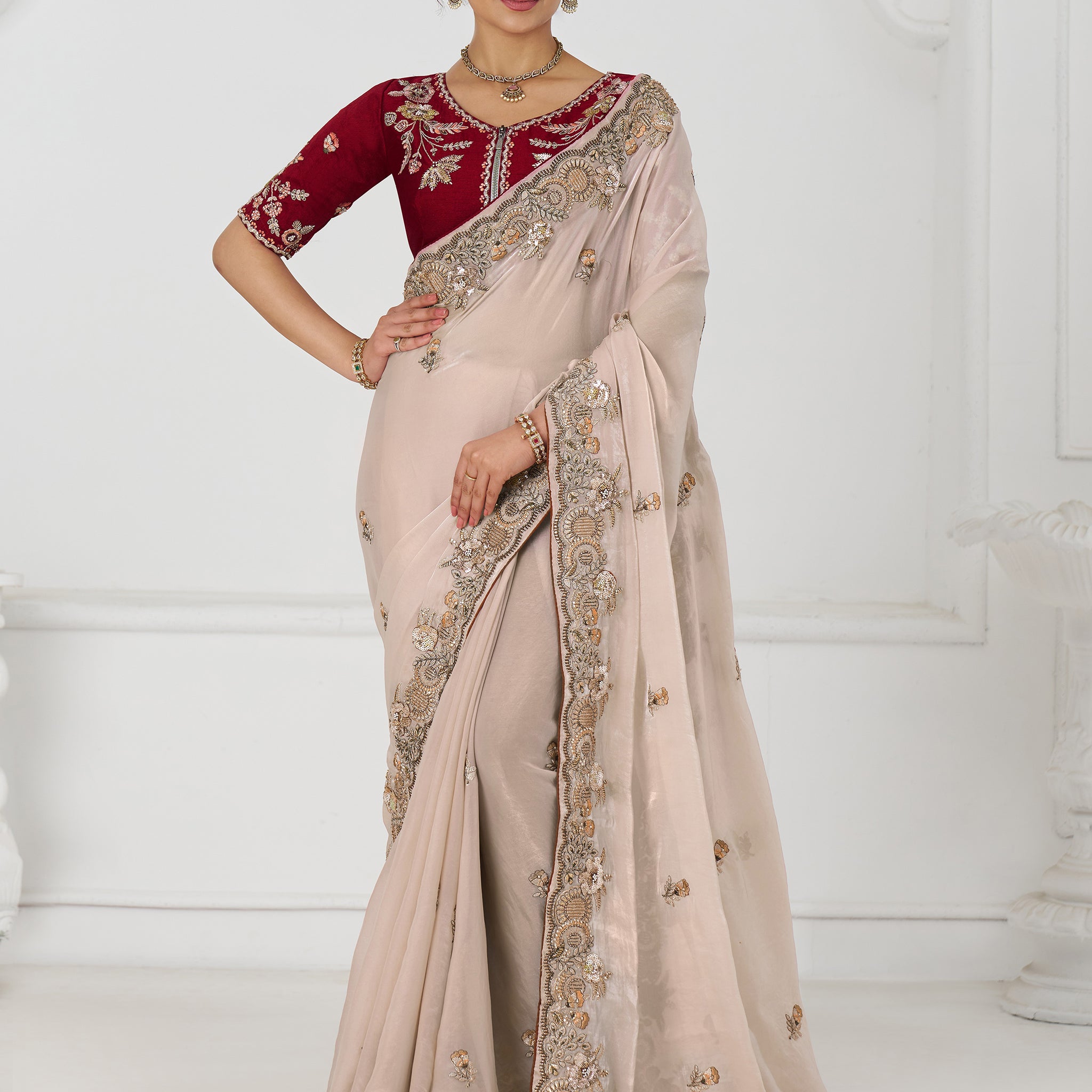 Incredible Beige Thread Work Silk Engagement Wear Saree With Blouse
