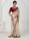 Incredible Beige Thread Work Silk Engagement Wear Saree With Blouse