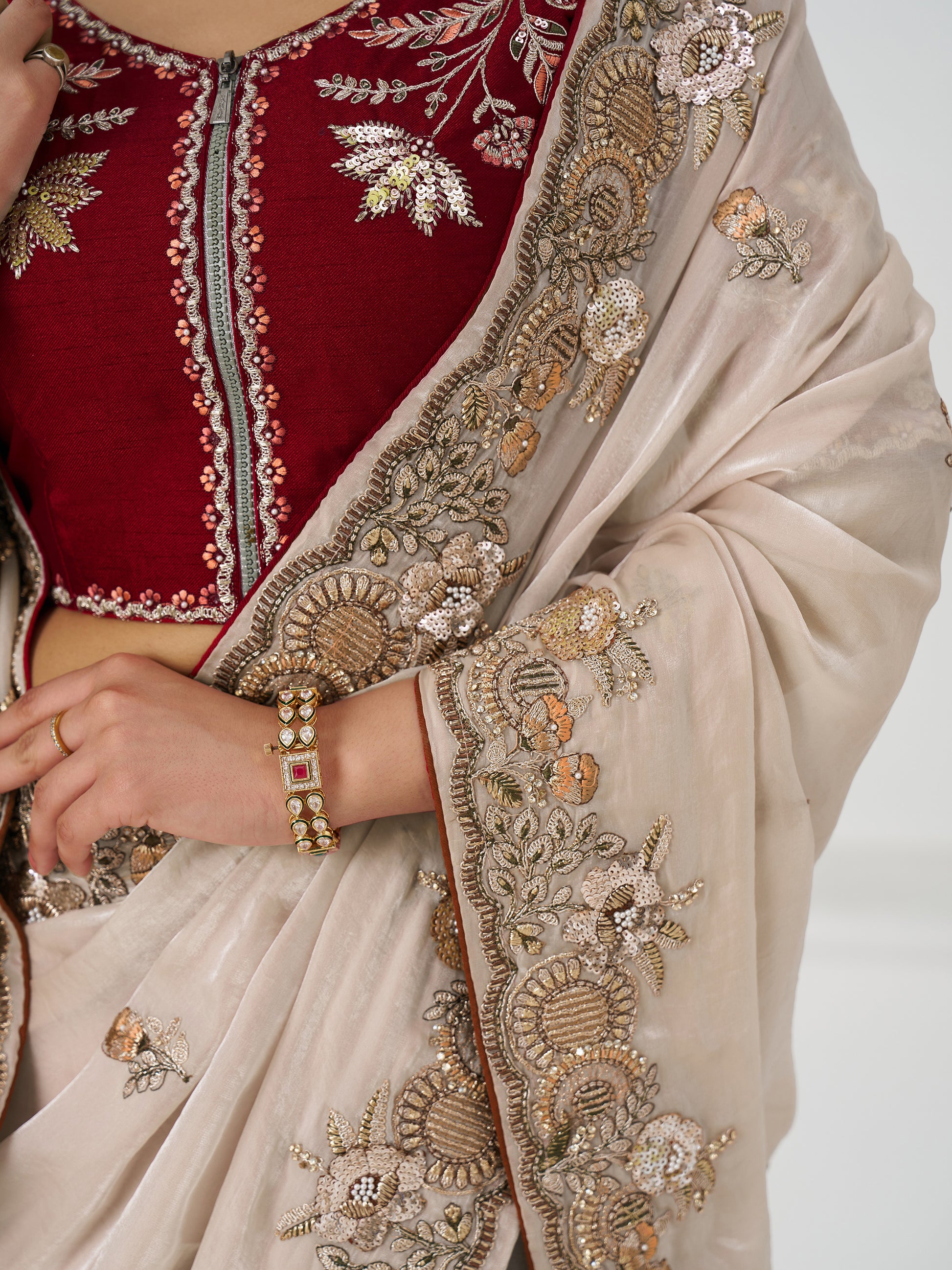 Incredible Beige Thread Work Silk Engagement Wear Saree With Blouse