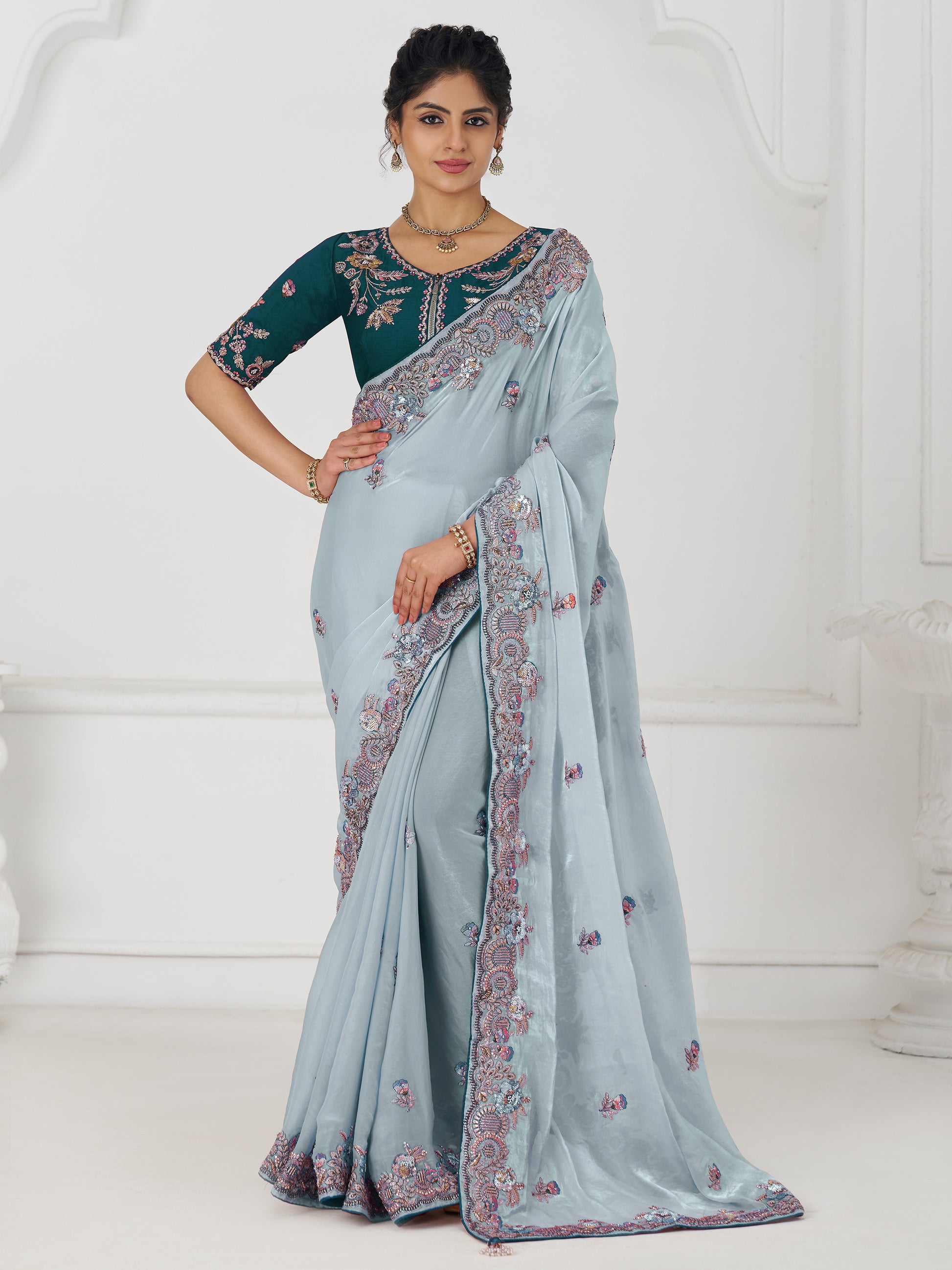 Marvelous Grey Sequins Silk Reception Wear Saree With Blouse