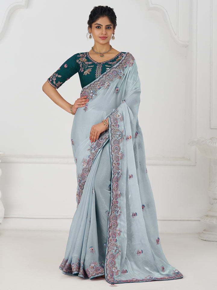 Marvelous Grey Sequins Silk Reception Wear Saree With Blouse