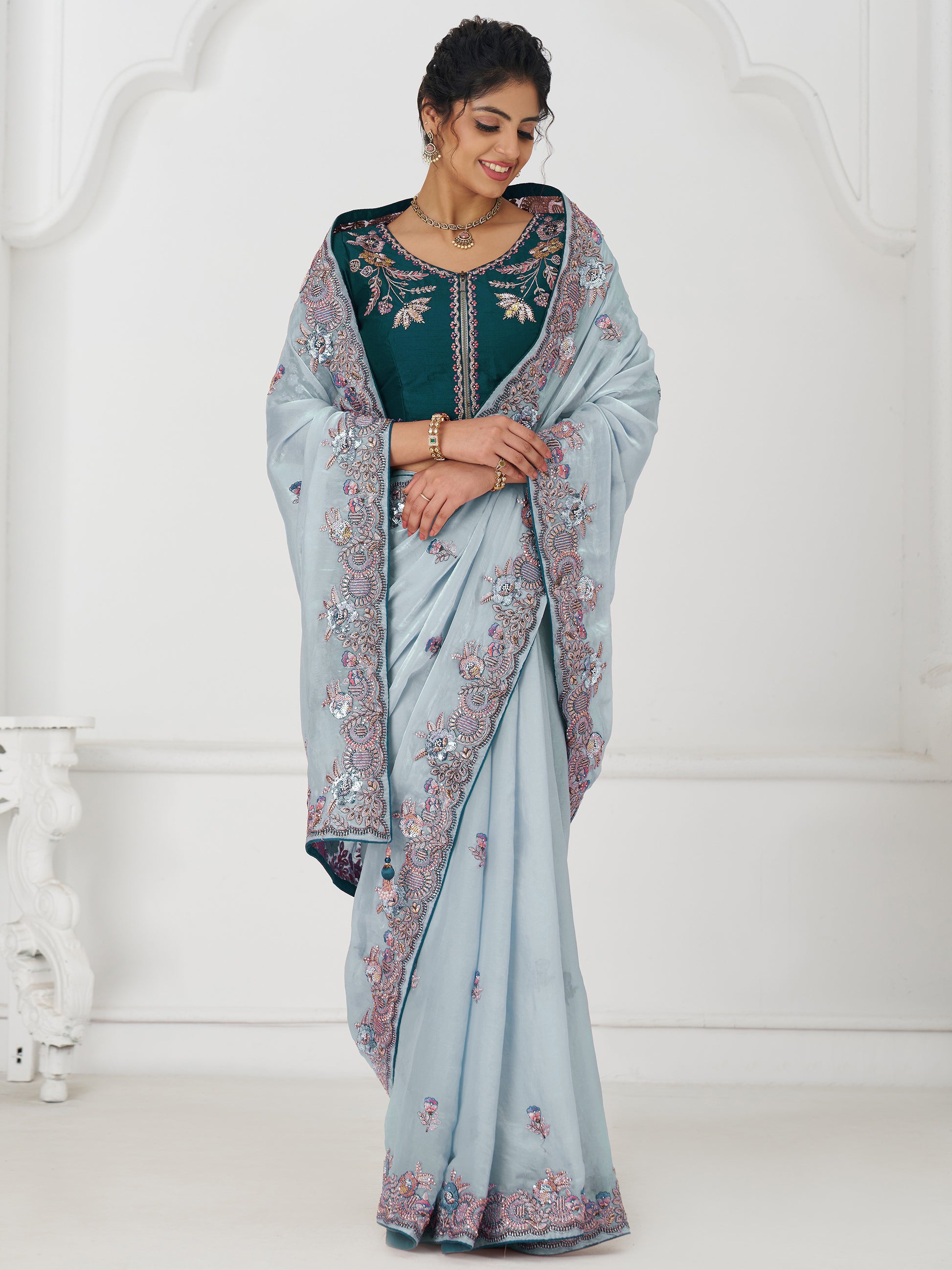 Marvelous Grey Sequins Silk Reception Wear Saree With Blouse