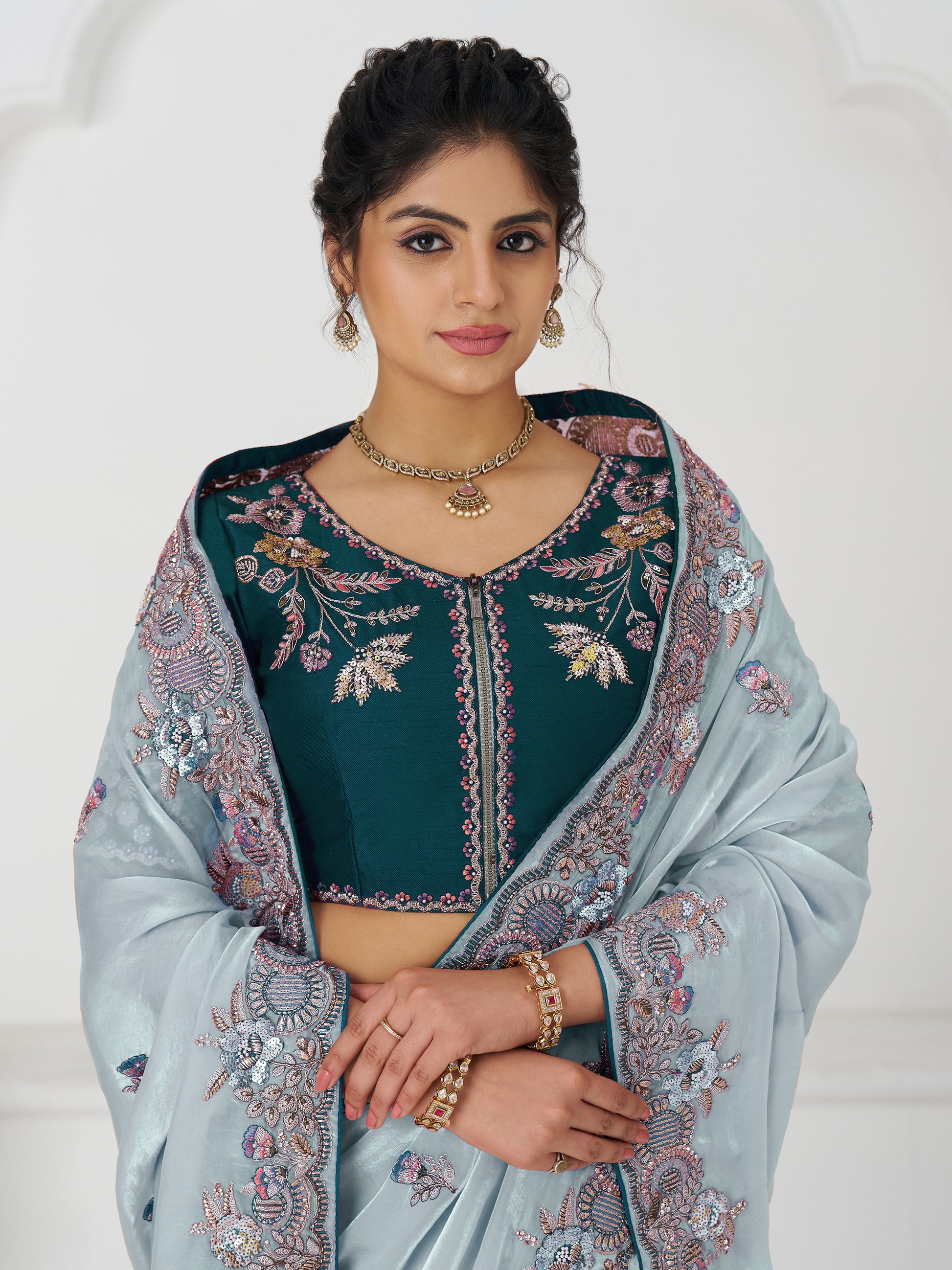 Marvelous Grey Sequins Silk Reception Wear Saree With Blouse