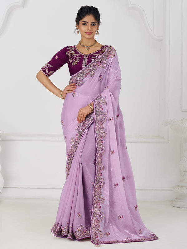 Glamorous Mauve Thread Work Silk Wedding Wear Saree With Blouse