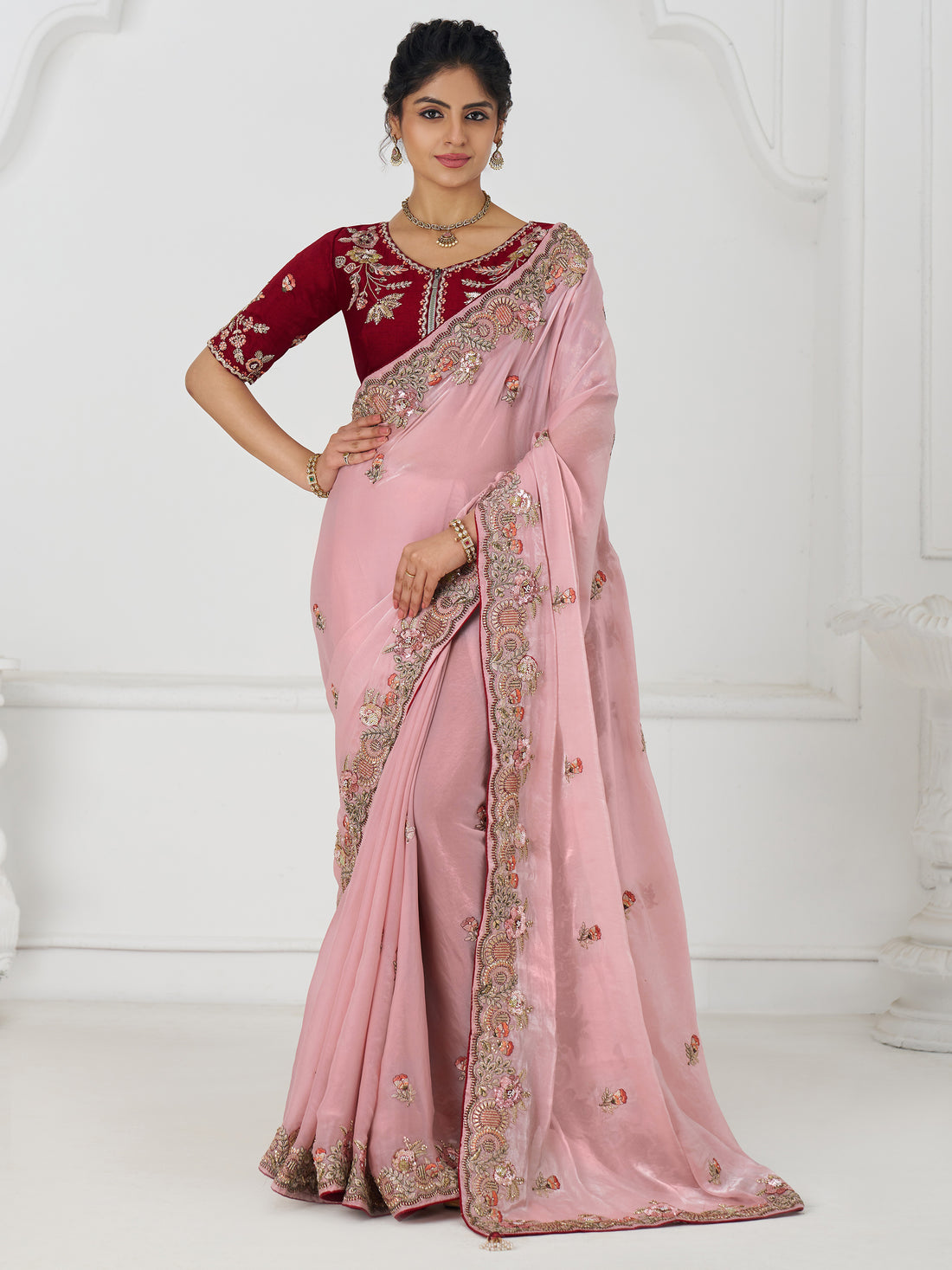 Adorable Dusty Pink Sequins Silk Engagement Wear Saree With Blouse
