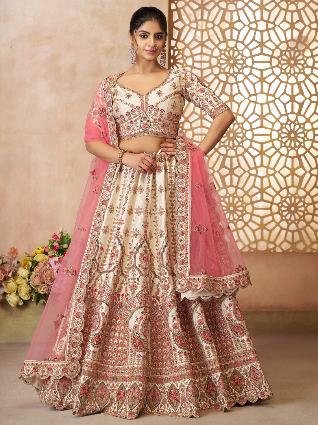 Stunning Off-White Thread Work Silk Wedding Lehenga Choli