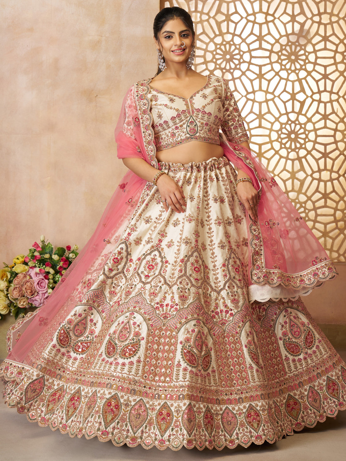 Stunning Off-White Thread Work Silk Wedding Lehenga Choli