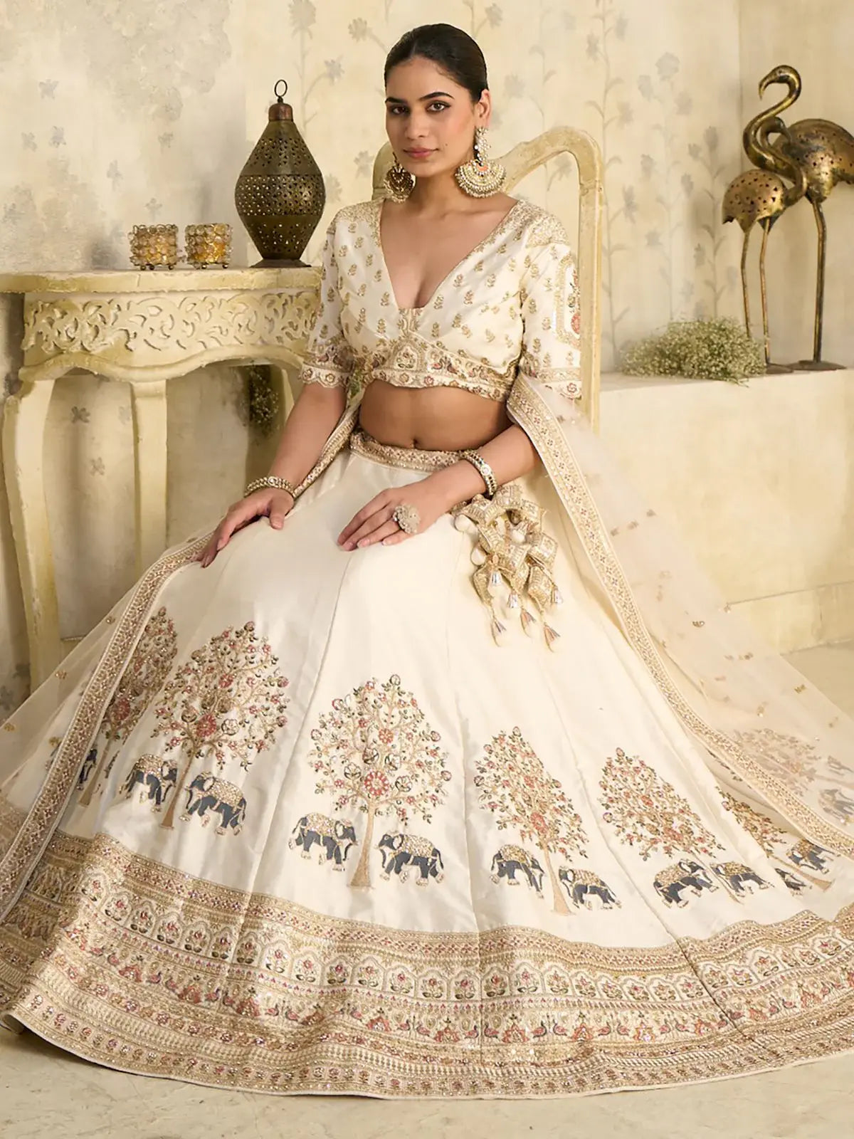 Amazeballs Cream Embroidered Silk Reception Wear Lehenga With Blouse