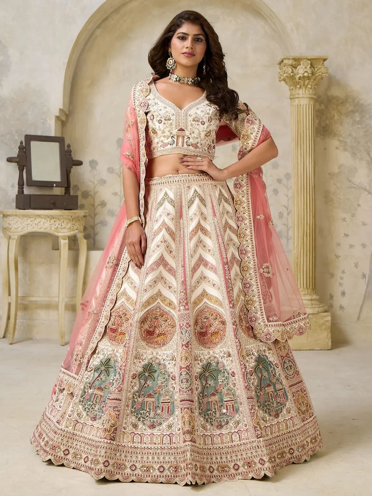 Marvelous Cream Dori Embroidery Silk Reception Wear Lehenga With Blouse
