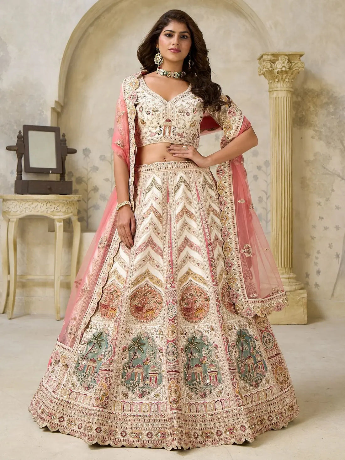 Marvelous Cream Dori Embroidery Silk Reception Wear Lehenga With Blouse