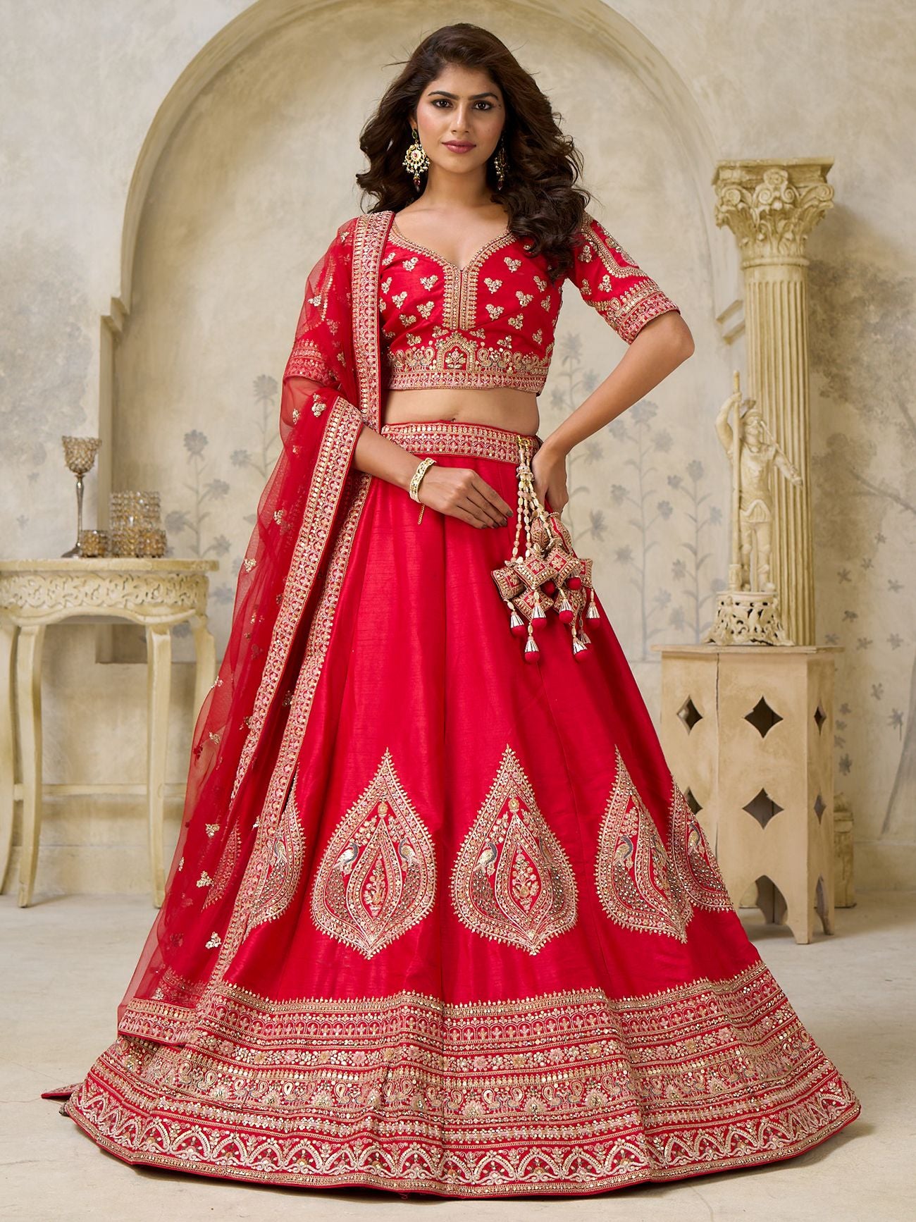 Lovely Red Sequins Embroidered Silk Bridal Lehenga Choli With Dupatta