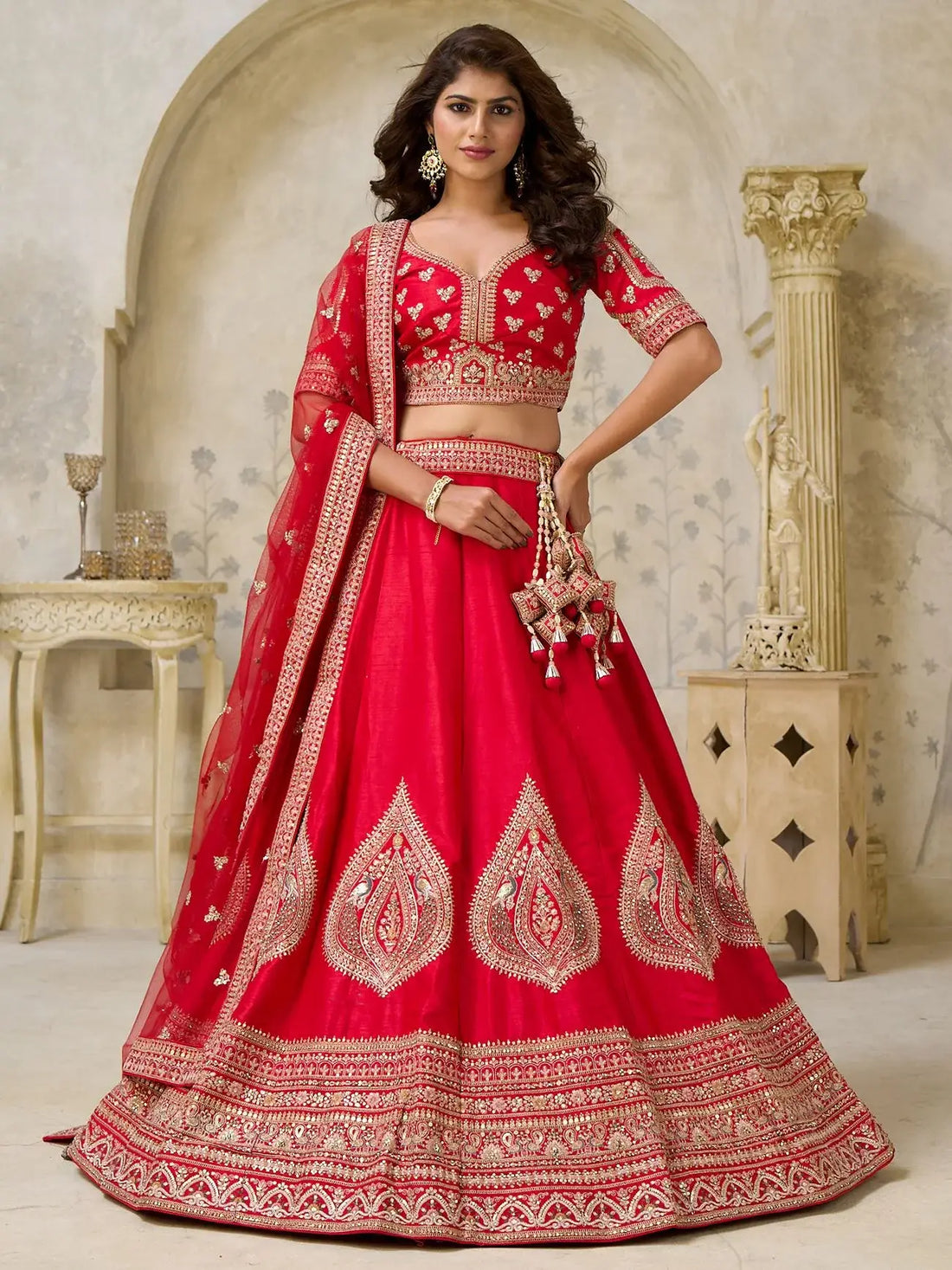 Lovely Red Sequins Embroidered Silk Bridal Lehenga Choli With Dupatta