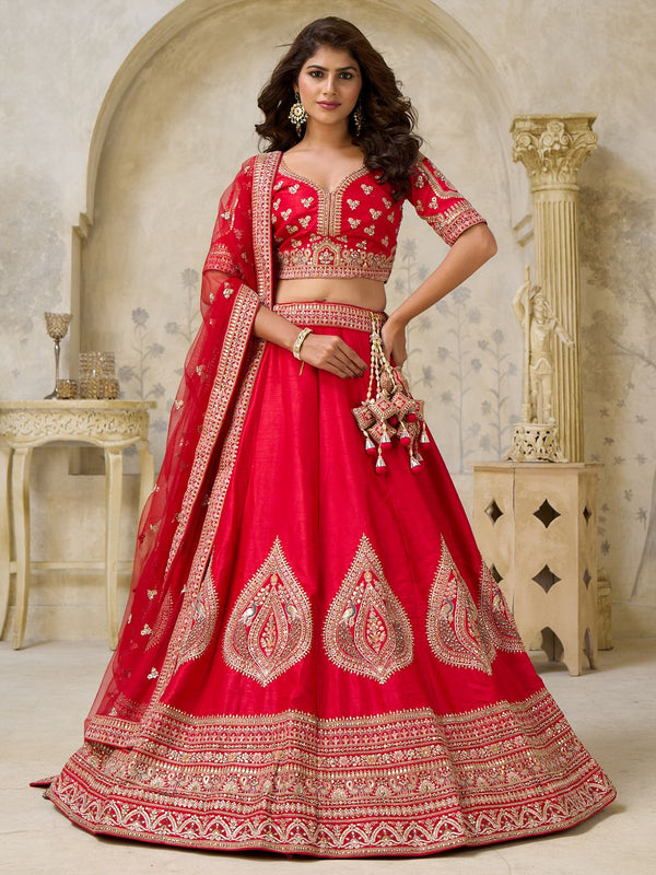 Lovely Red Sequins Embroidered Silk Bridal Lehenga Choli With Dupatta
