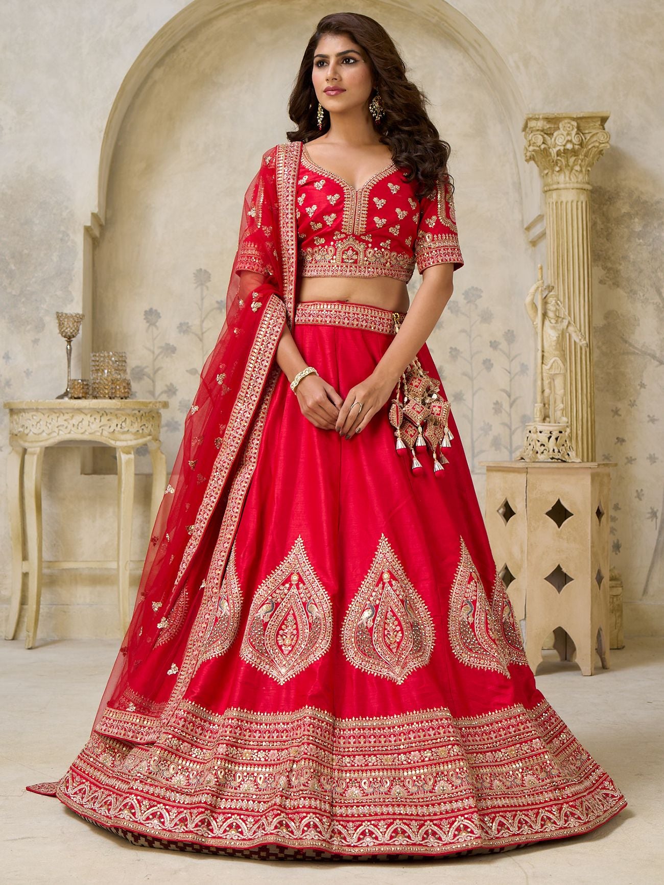 Lovely Red Sequins Embroidered Silk Bridal Lehenga Choli With Dupatta