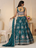 Pretty Teal Blue Thread Work Satin Lehenga Choli With Dupatta