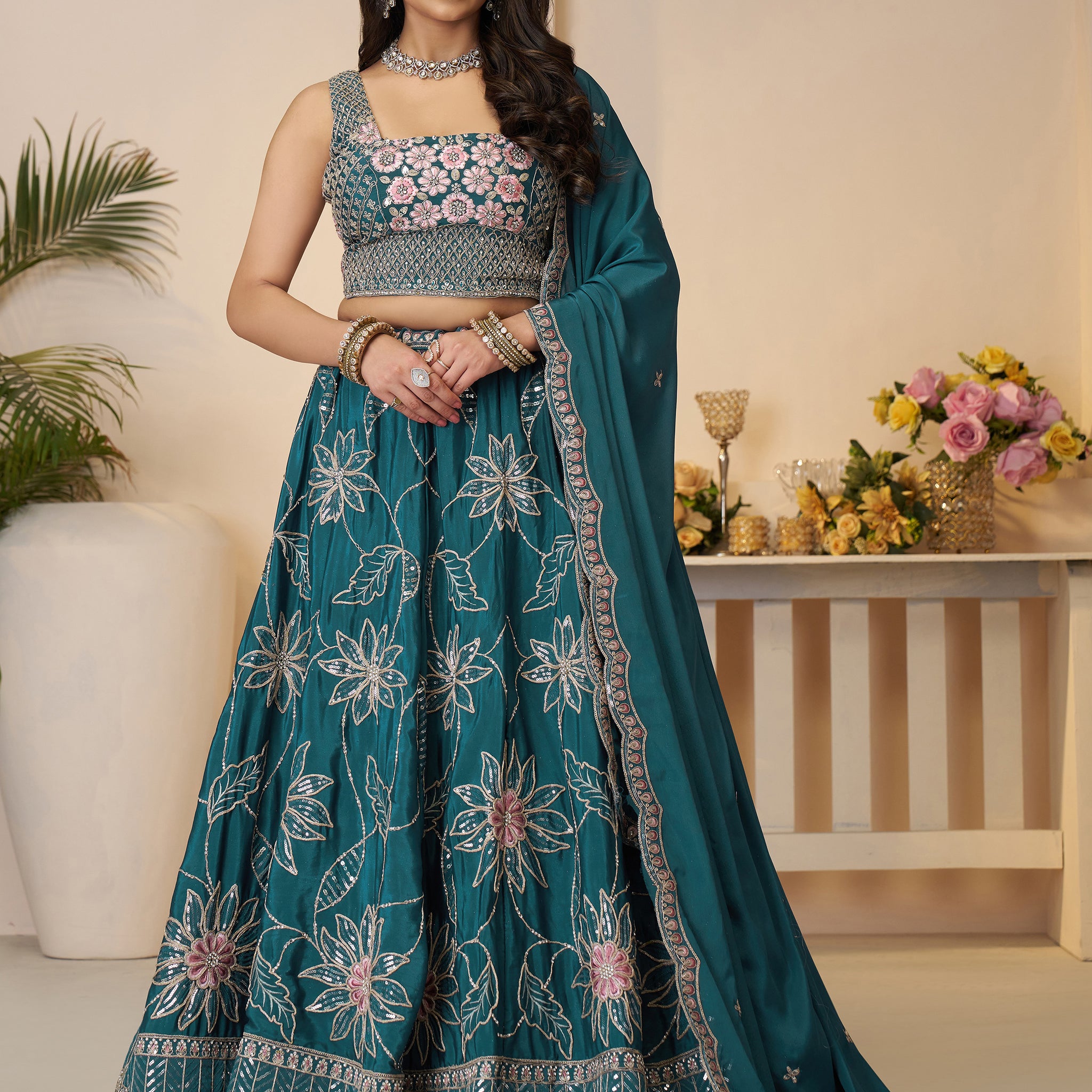 Pretty Teal Blue Thread Work Satin Lehenga Choli With Dupatta