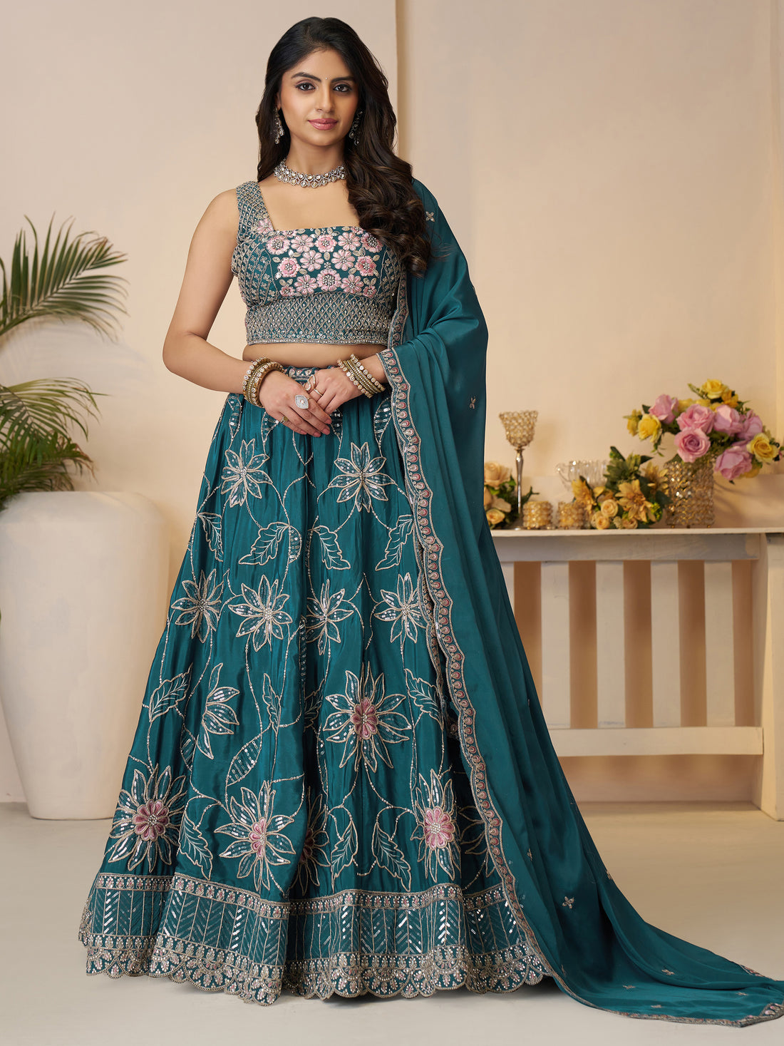 Pretty Teal Blue Thread Work Satin Lehenga Choli With Dupatta