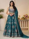 Pretty Teal Blue Thread Work Satin Lehenga Choli With Dupatta