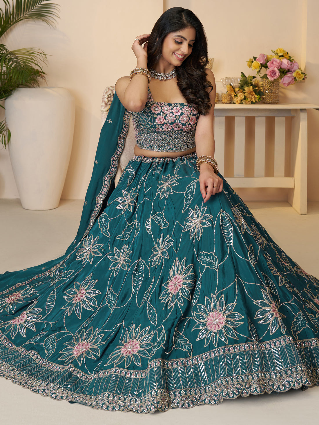 Pretty Teal Blue Thread Work Satin Lehenga Choli With Dupatta