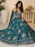 Pretty Teal Blue Thread Work Satin Lehenga Choli With Dupatta