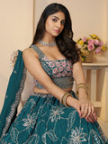 Pretty Teal Blue Thread Work Satin Lehenga Choli With Dupatta