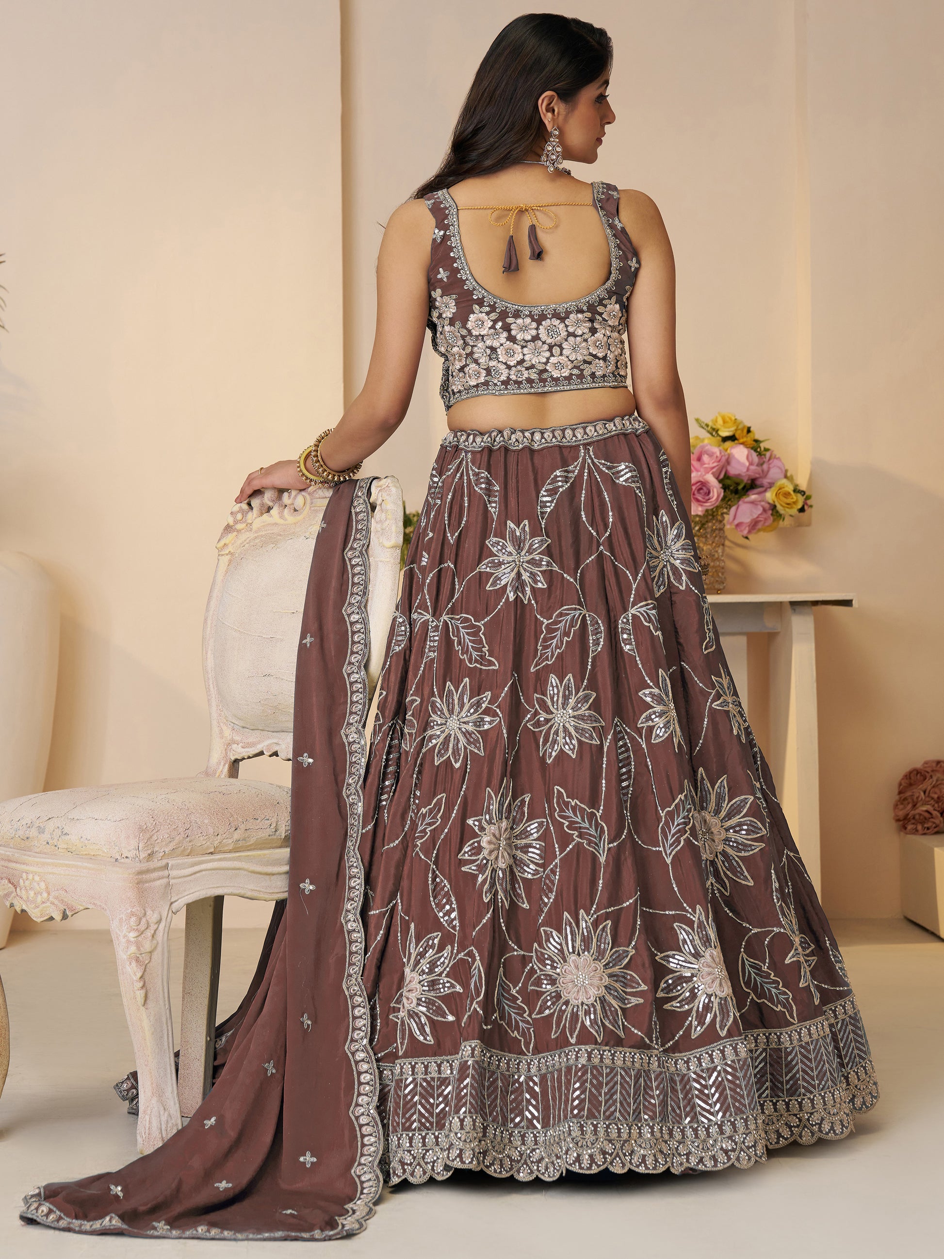 Attractive Brown Floral Embroidered Satin Wedding Wear Lehenga Choli