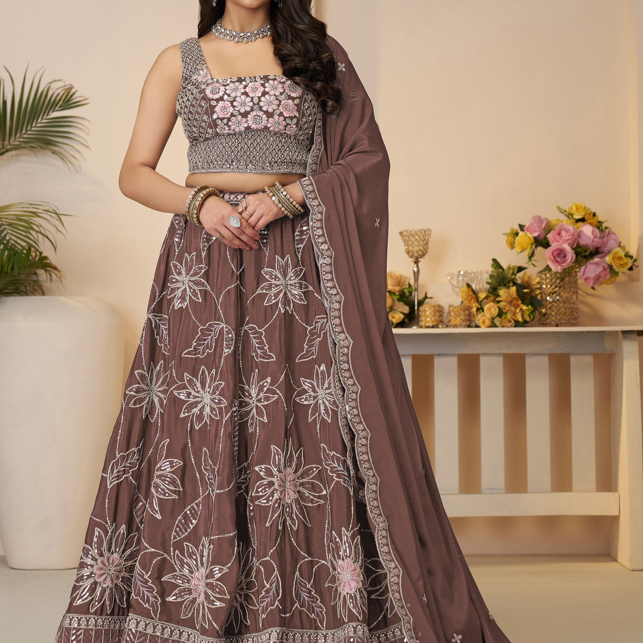 Attractive Brown Floral Embroidered Satin Wedding Wear Lehenga Choli
