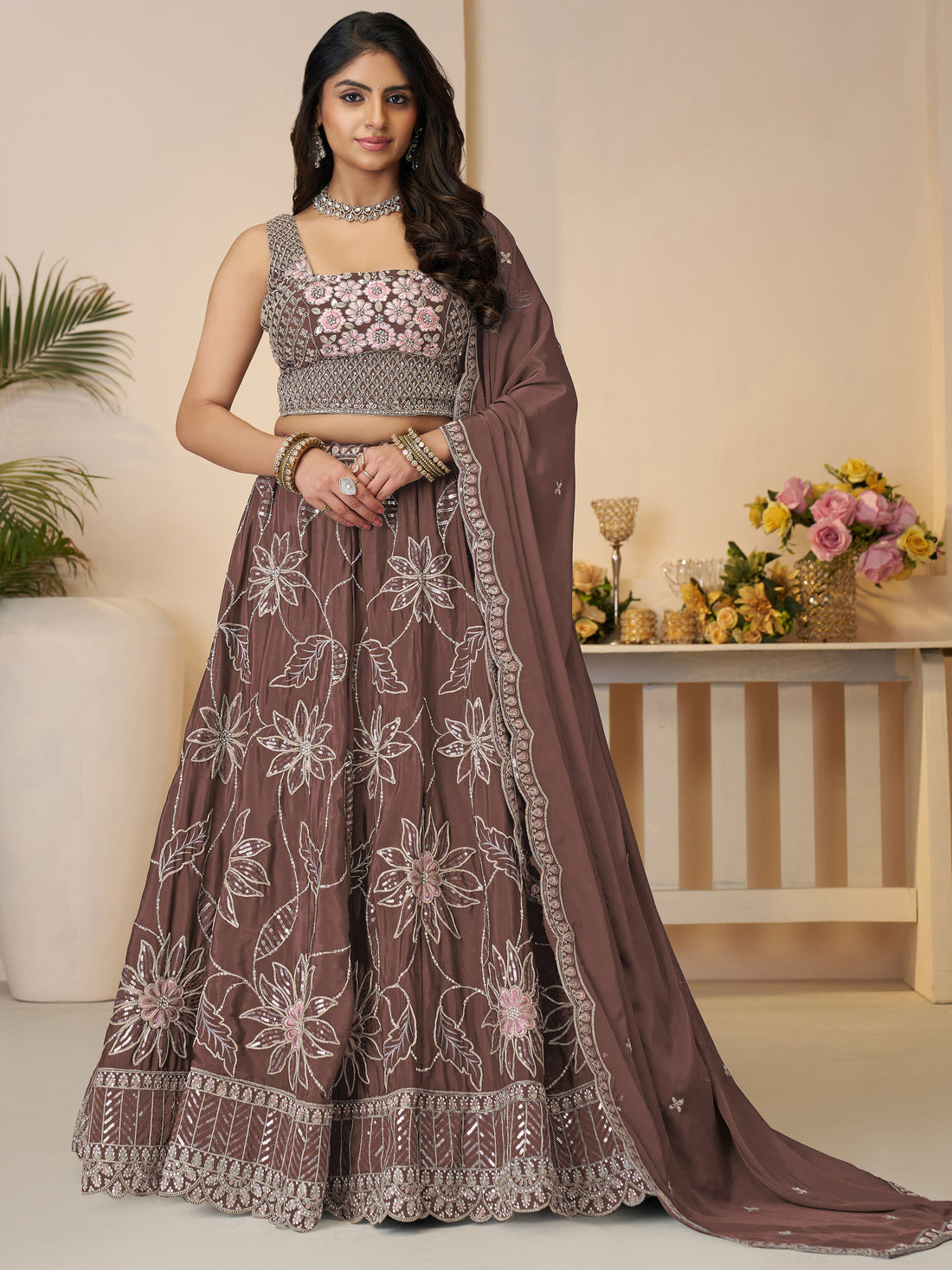 Attractive Brown Floral Embroidered Satin Wedding Wear Lehenga Choli