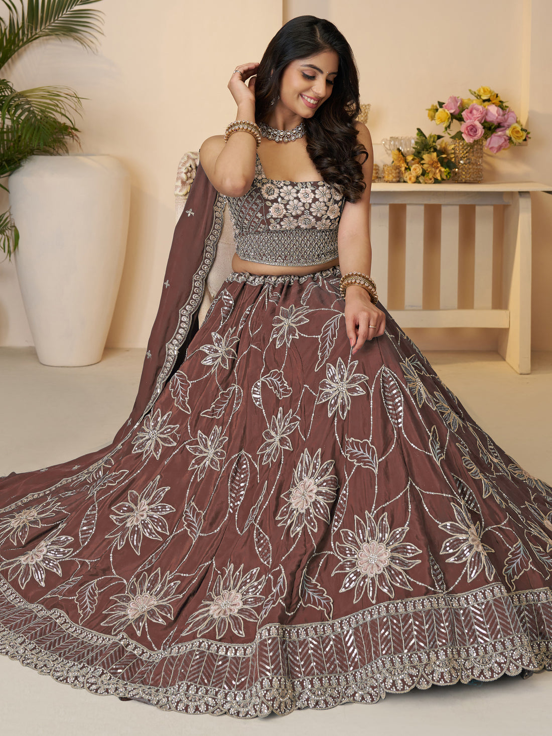 Attractive Brown Floral Embroidered Satin Wedding Wear Lehenga Choli