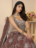 Attractive Brown Floral Embroidered Satin Wedding Wear Lehenga Choli