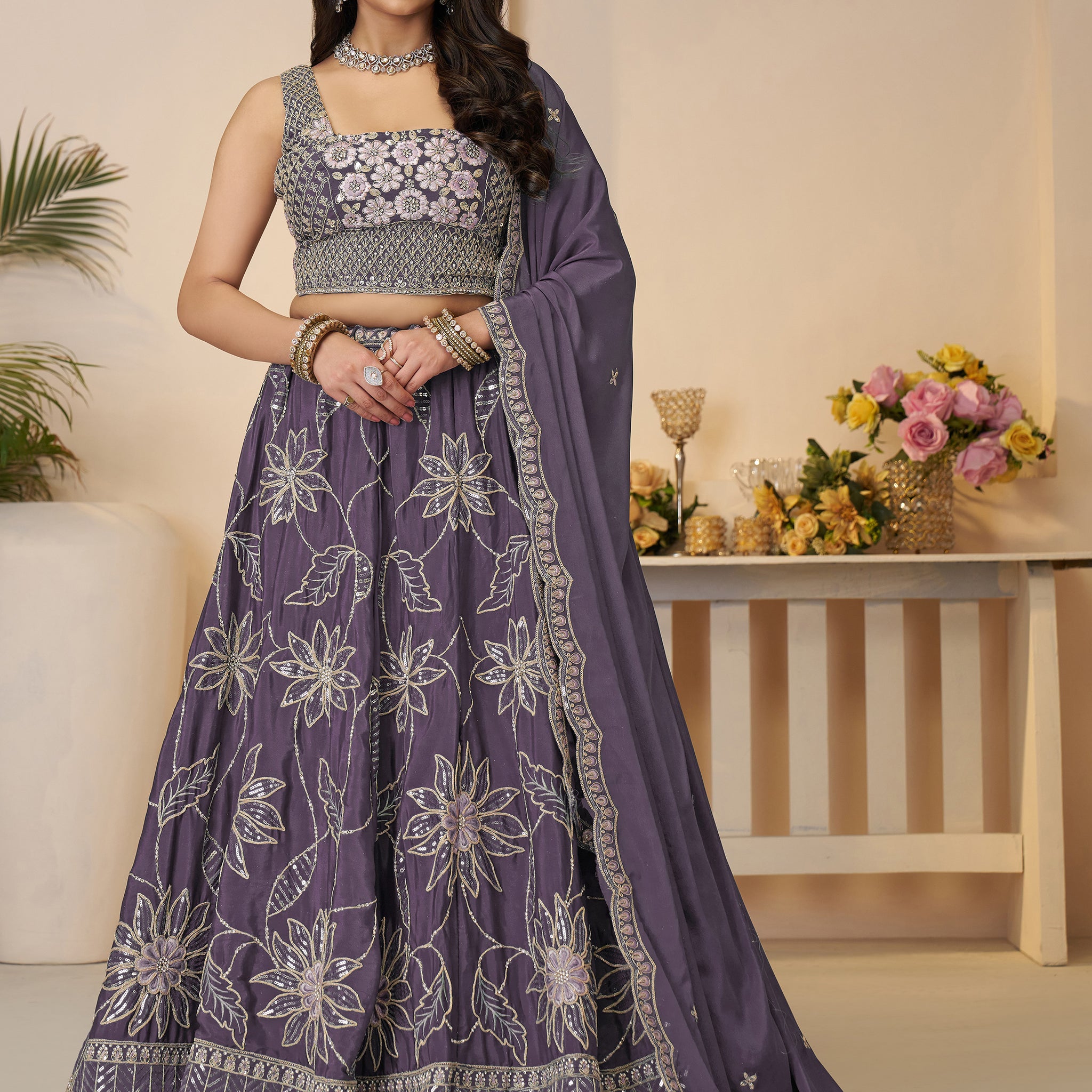 Fabulous Purple Thread Work Satin Engagement Wear Lehenga Choli