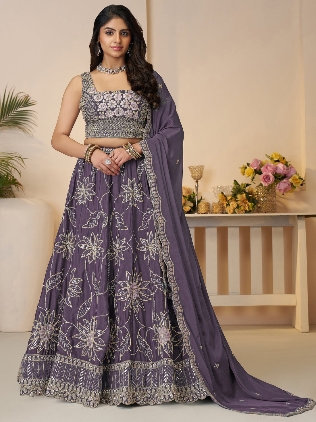 Fabulous Purple Thread Work Satin Engagement Wear Lehenga Choli