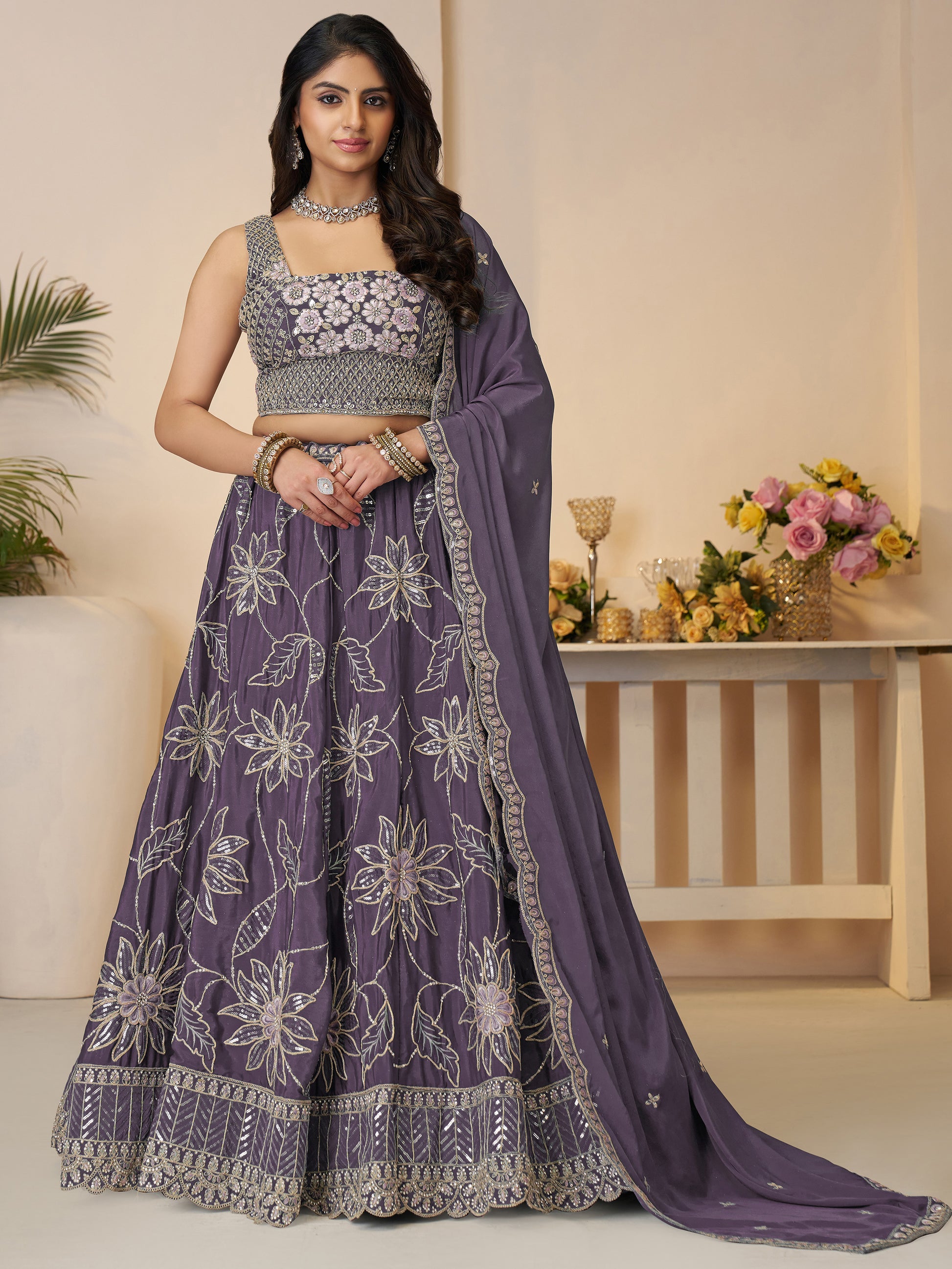 Fabulous Purple Thread Work Satin Engagement Wear Lehenga Choli